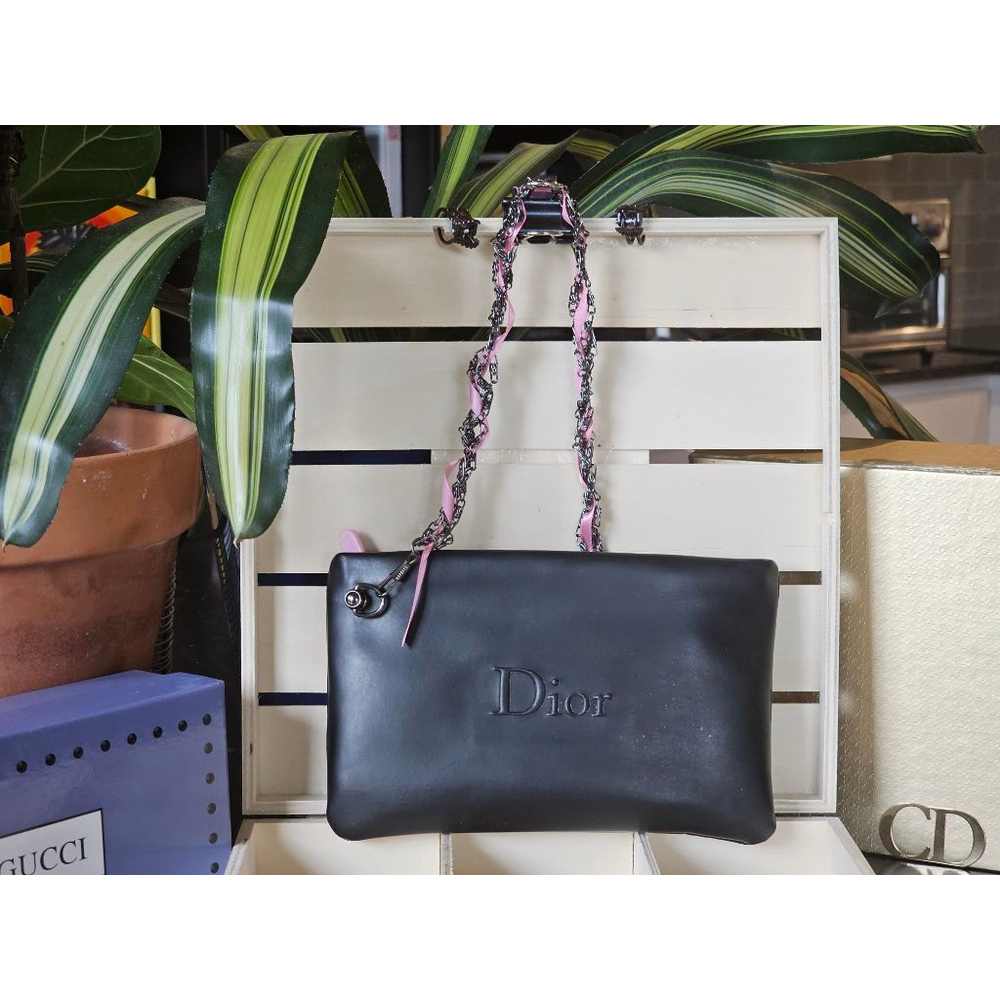 Christian Dior Black and Pink Zip Clutch w/Chain+Ribbon Strap Added